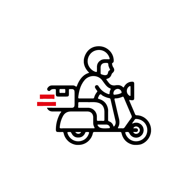 Zwart scooterbezorger-icoon met rode bewegingslijnen op een witte achtergrond