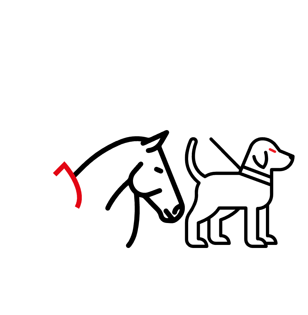 Twee zwart-wit getekende honden, één met een rode halsband en één die ernaast staat.