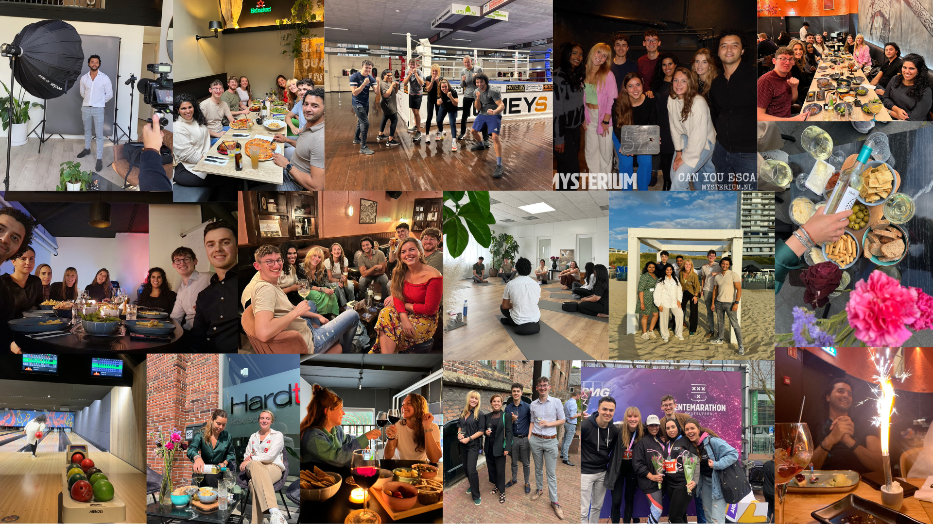 Collage van levendige foto's van binnenfeesten en evenementen met groepen die kletsen, dansen, poseren en kleurrijke decoraties.