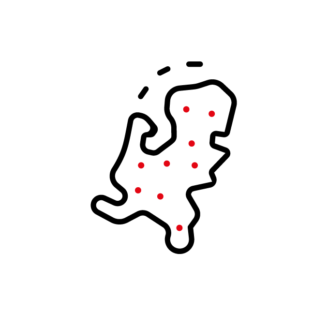 Omtrek van Nederland met rode stippen die locaties markeren