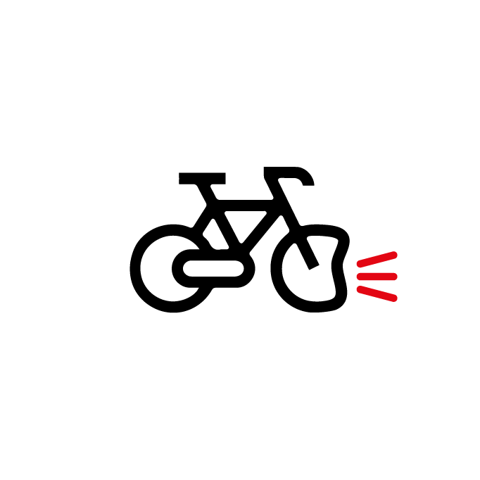 Zwart fietsicoon met rode bewegingslijnen aan de rechterkant, op een witte achtergrond.