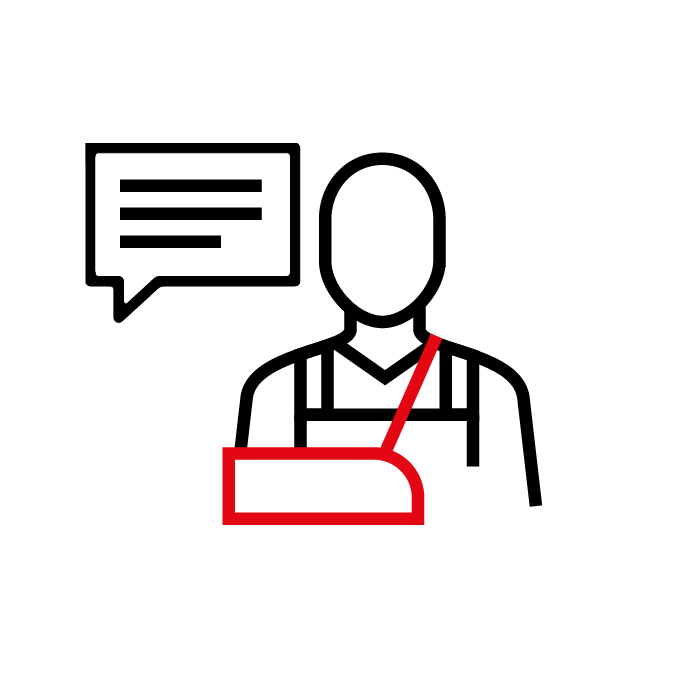 Zwart omlijnd pictogram van een persoon met een spreekbubbel en een rode armband.