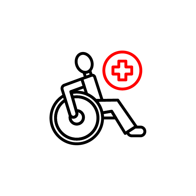 Pictogram van een rolstoelgebruiker met een rood medisch kruis.
