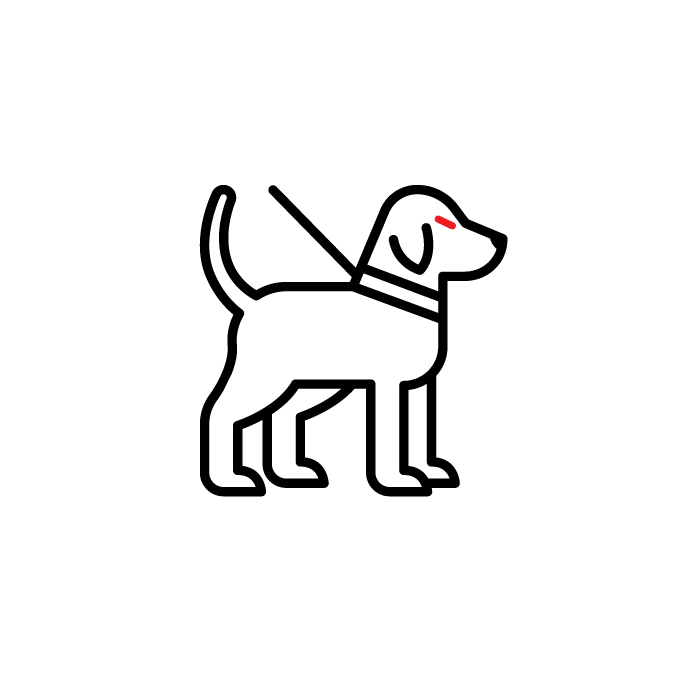 Zwarte omtrek van een hond met een riem en een klein rood vlekje op zijn gezicht, staand op een witte achtergrond.