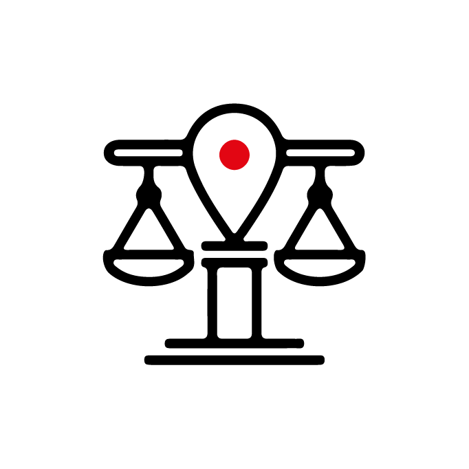 Pictogram van de weegschaal van Justitie met een rode locatiepin in het midden.
