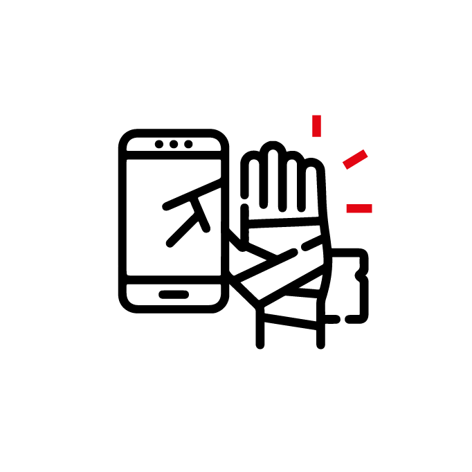 Een zwart lijnicoon van een smartphone met een opgestoken hand en rode waarschuwingsmarkeringen, die 'stoppen' of 'blokkeren' suggereren.