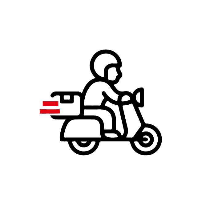 Zwart scooterbezorger-icoon met rode bewegingslijnen