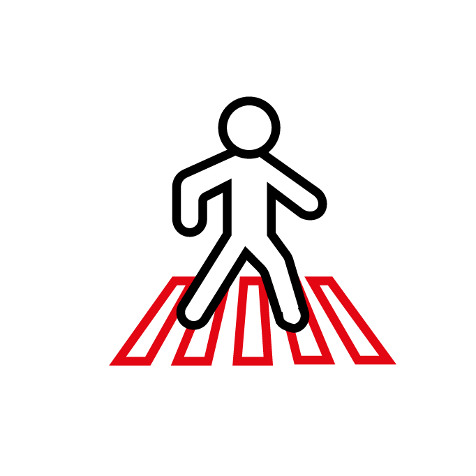 Voetgangersoversteekplaatsbord met een persoon die over rode zebrapaden loopt.