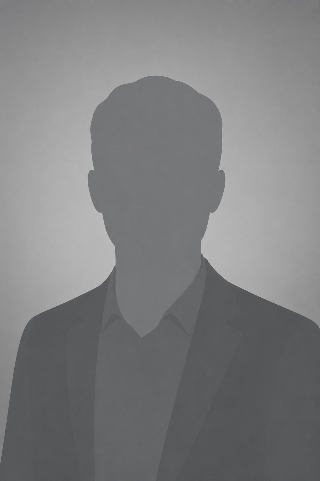 Silhouet van een persoon in een colbert en overhemd met kraag tegen een effen grijze achtergrond.