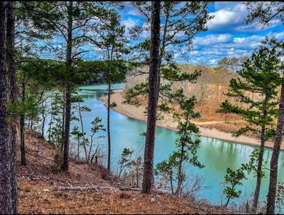 Forested riverbend with turquoise water, pine trees, and a sandy hillside under a blue sky