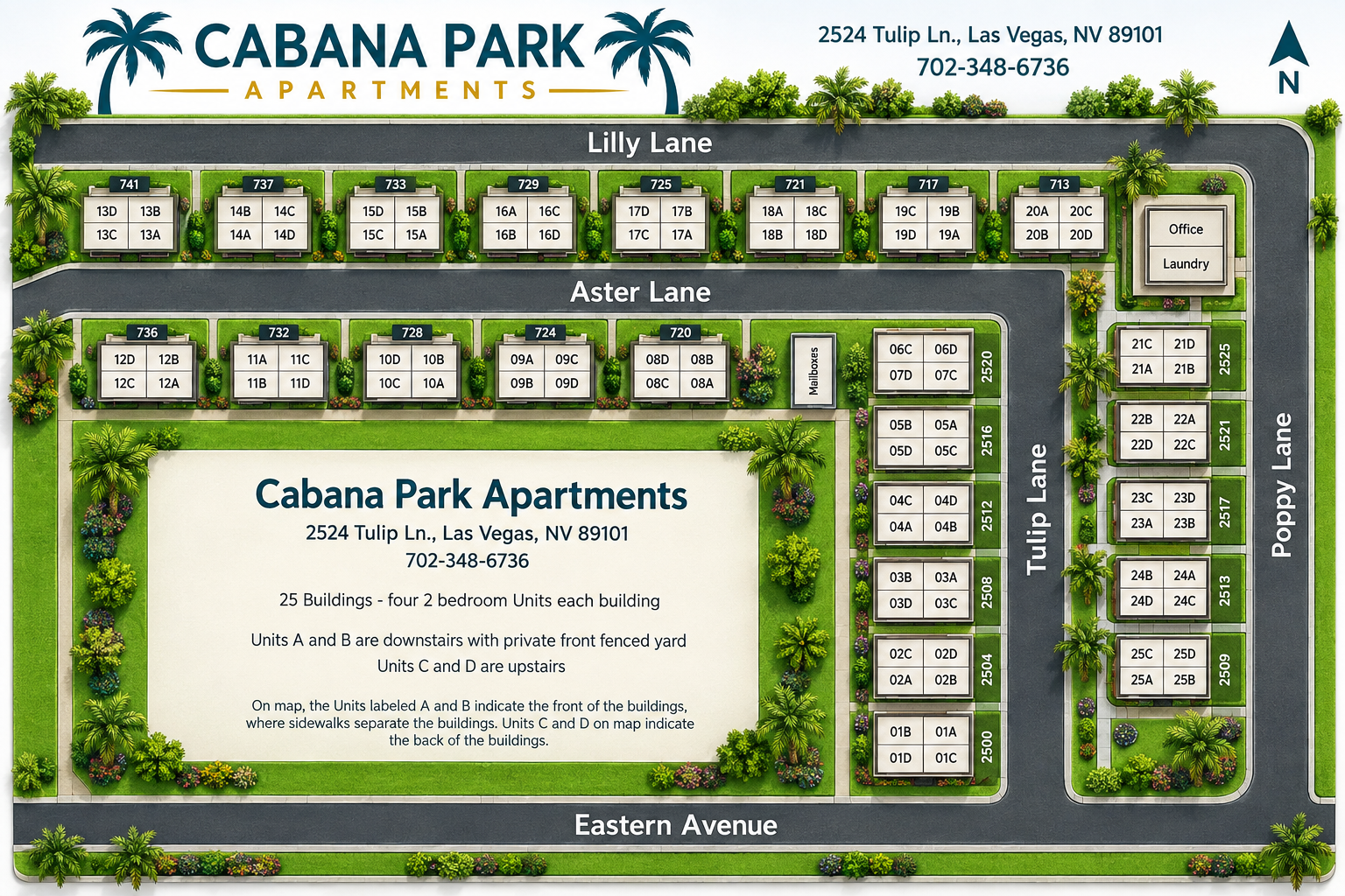 Map of Cabana Park Apartments with building layout, streets, and pool area on a green background