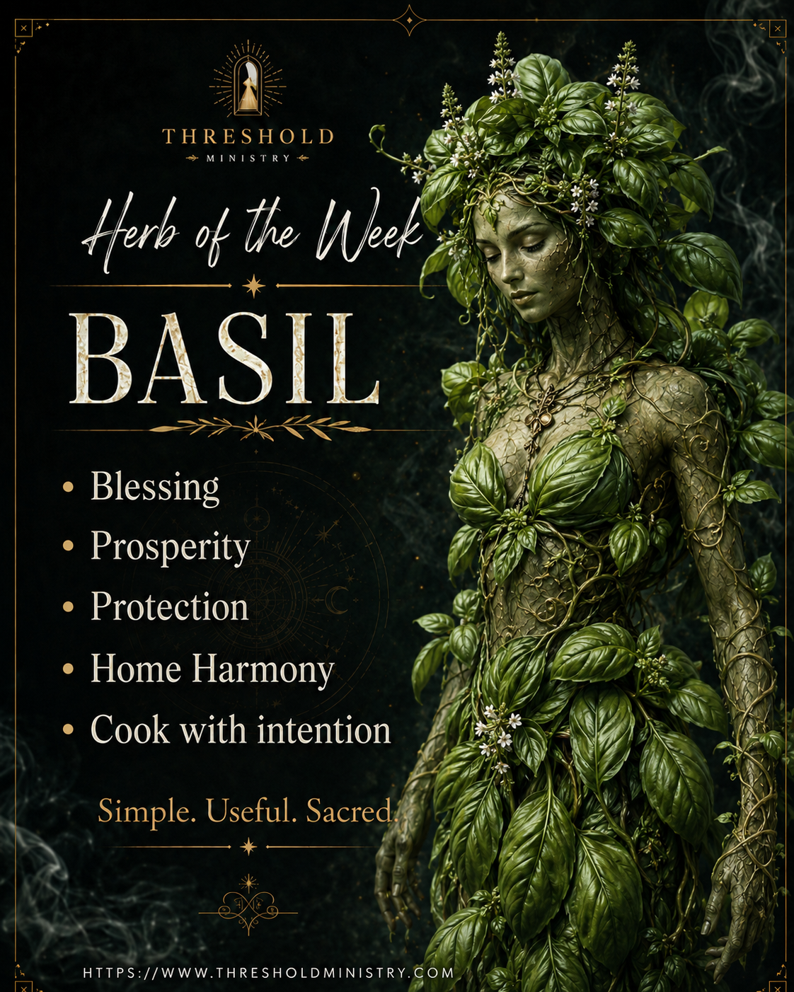 Basil goddess herbal graphic for Threshold Ministry with keywords blessing, prosperity, protection, 