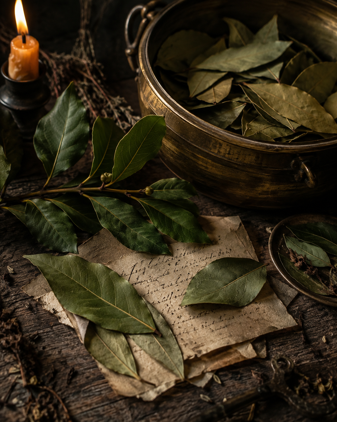 Fresh and dried bay leaves arranged with a candle, handwritten petitions, and an antique brass bowl 
