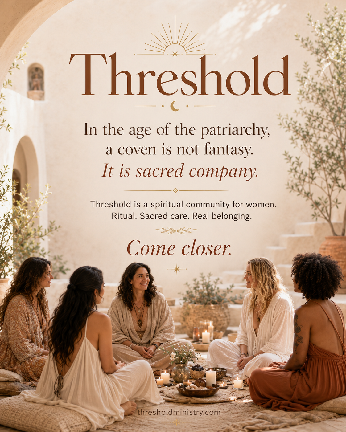 Threshold invitation graphic featuring a diverse circle of women gathered in sacred company with can