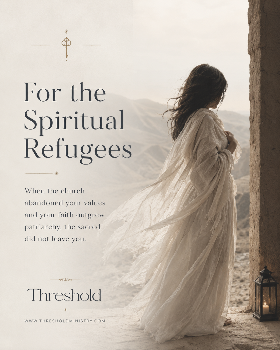 A woman in flowing white linen stands at a desert threshold, looking toward distant hills, with text