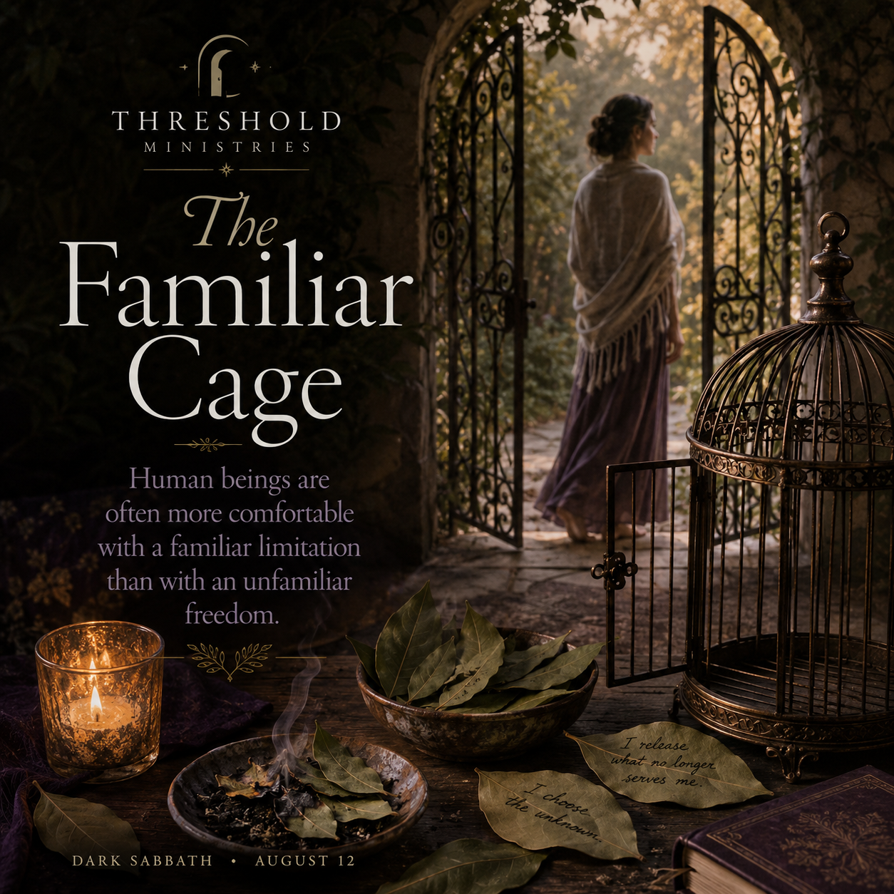 A woman walks through an open wrought-iron gate toward a sunlit garden while an empty birdcage, burn