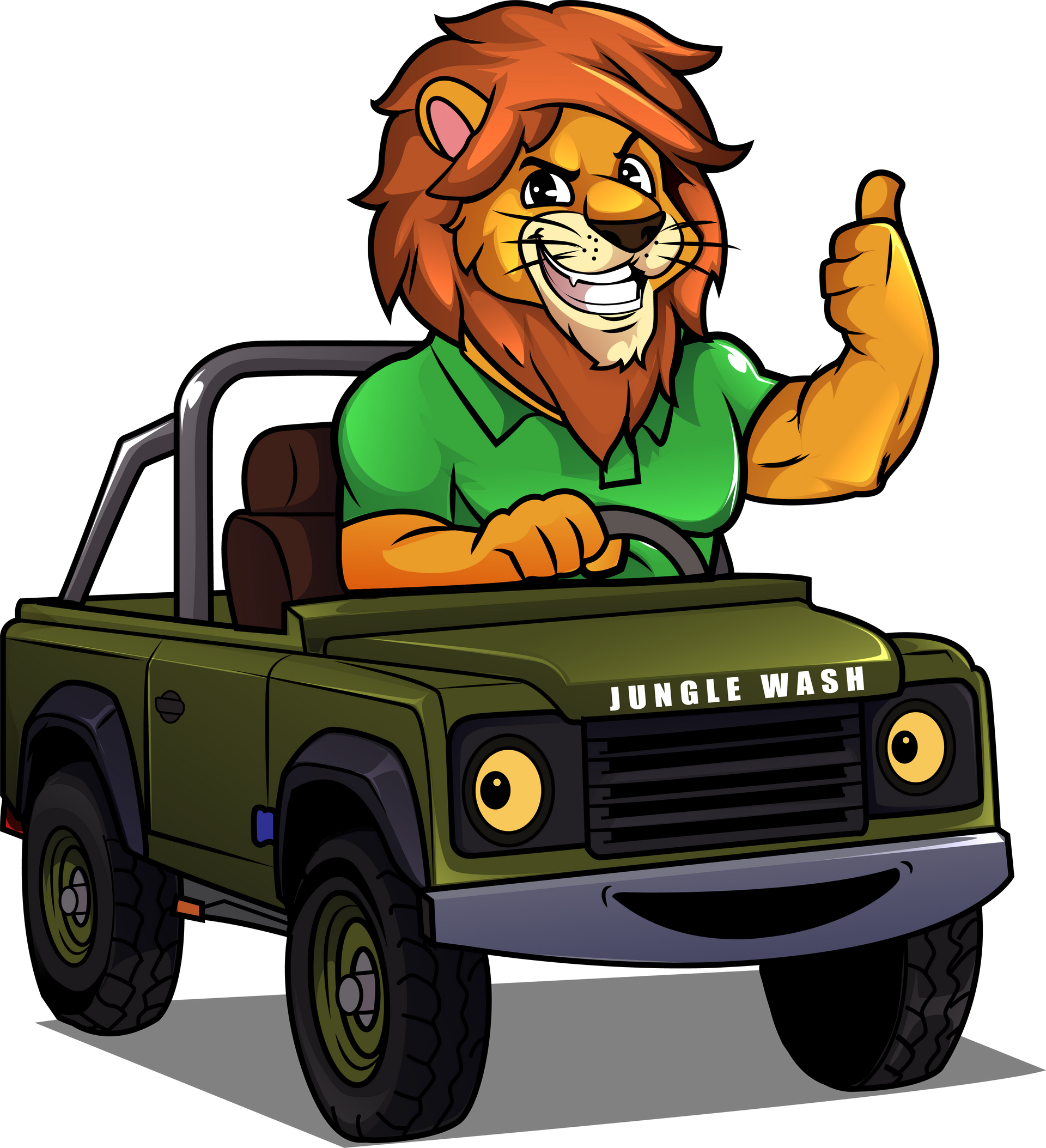 Cartoon lion mascot in a green shirt reading “Singh’s Jungle Car Wash,” giving a thumbs-up.