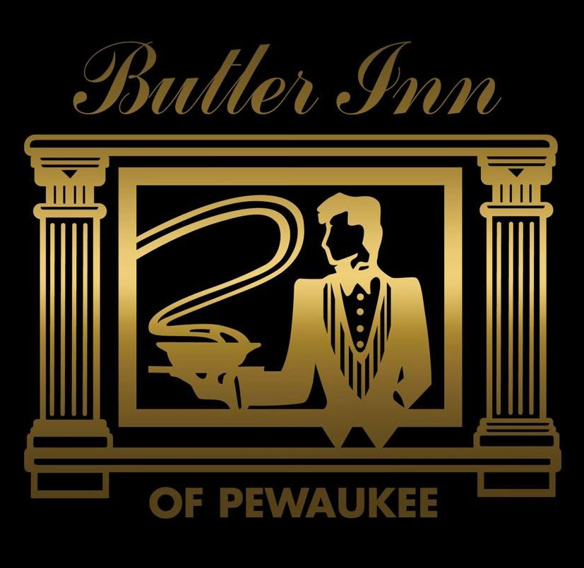 A gold-colored logo of a waiter holding a tray on a black background with the text 