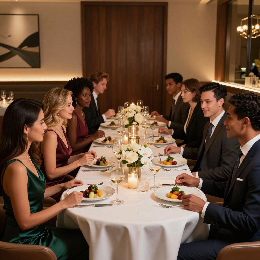 People at a formal dinner table, white tablecloth, floral centerpieces, candles, wood paneling, elegant setting.