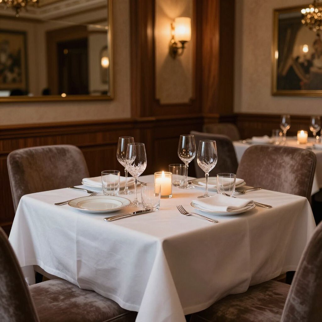 Elegant restaurant table set for two, with white tablecloth, glasses, and candle.
