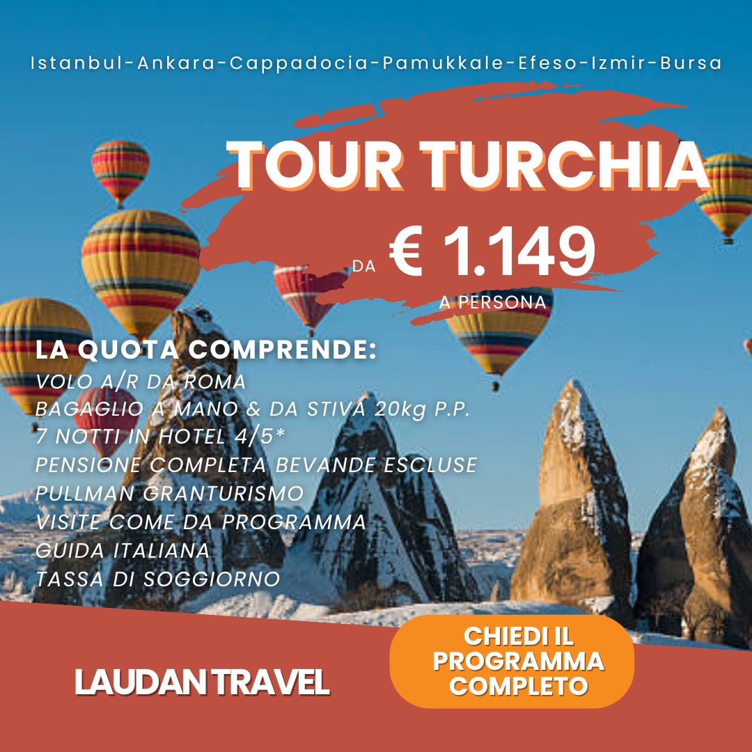 Pubblicità del tour della Turchia con mongolfiere, paesaggio roccioso e prezzo.
