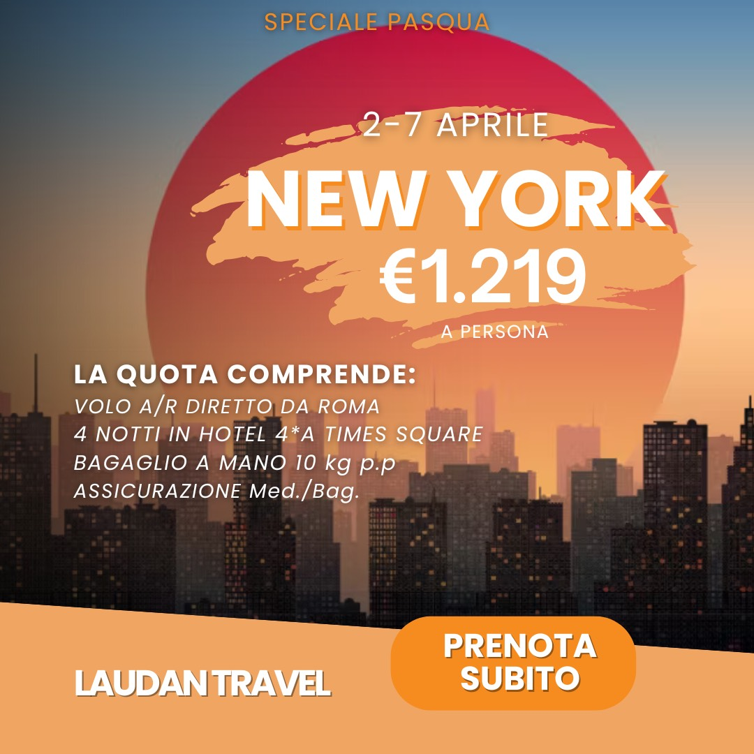viaggio a New York. Tramonto arancione sullo sfondo dello skyline della città. Include prezzo, date e cosa è incluso.