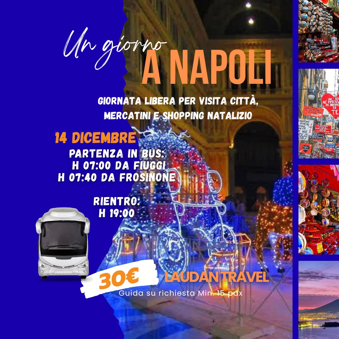 un giorno a Napoli il 14 dicembre, con shopping e mercatini di Natale. Sfondo blu, grafica dell'autobus e prezzo.