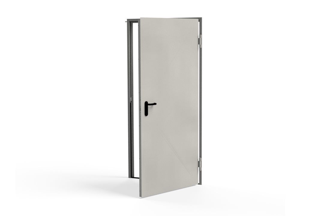 Puerta metálica gris abierta sobre un fondo blanco
