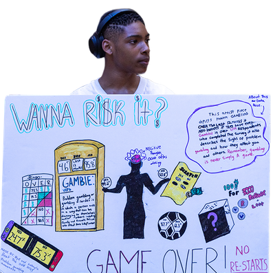 Poster reading “Wanna risk it?” with a hooded figure, game pieces, and “GAME OVER!” text about gambling risks