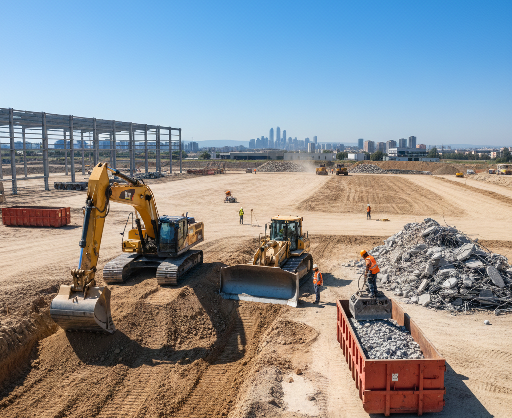 Cantiere con escavatori, una ruspa e operai che spostano detriti sotto un cielo terso e azzurro.