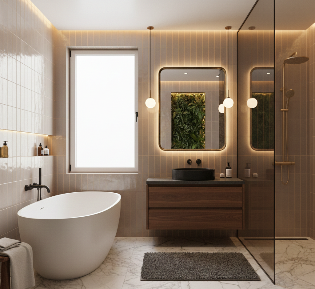 Bagno moderno con vasca, mobile lavabo in legno, doccia e specchio illuminato.