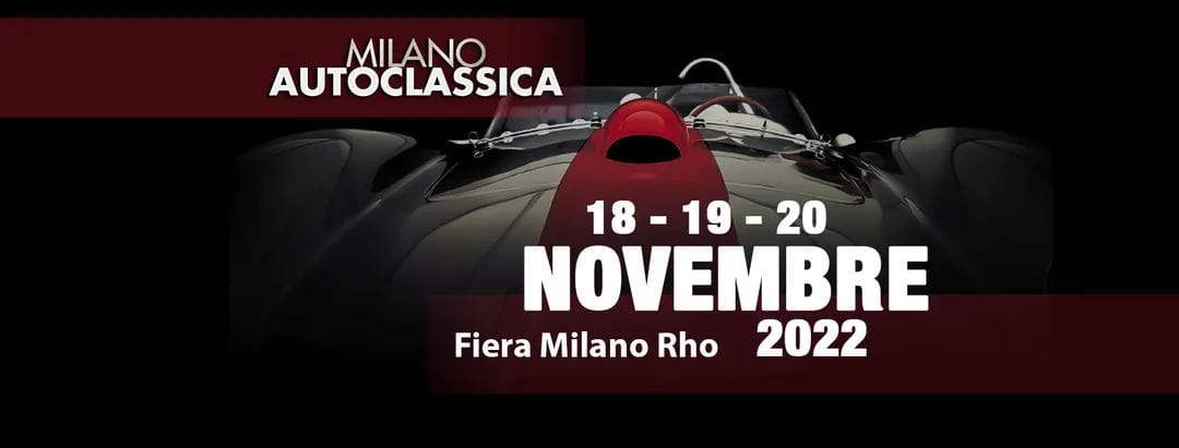 Milano Autoclassica event logo: 18-20 novembre 2022 at Fiera Milano Rho, with a red sports car silhouette.