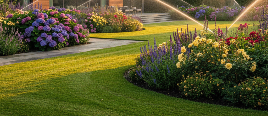 Un giardino vivace con erba verde lussureggiante e aiuole colorate. Gli irrigatori innaffiano le piante sotto un cielo soleggiato.