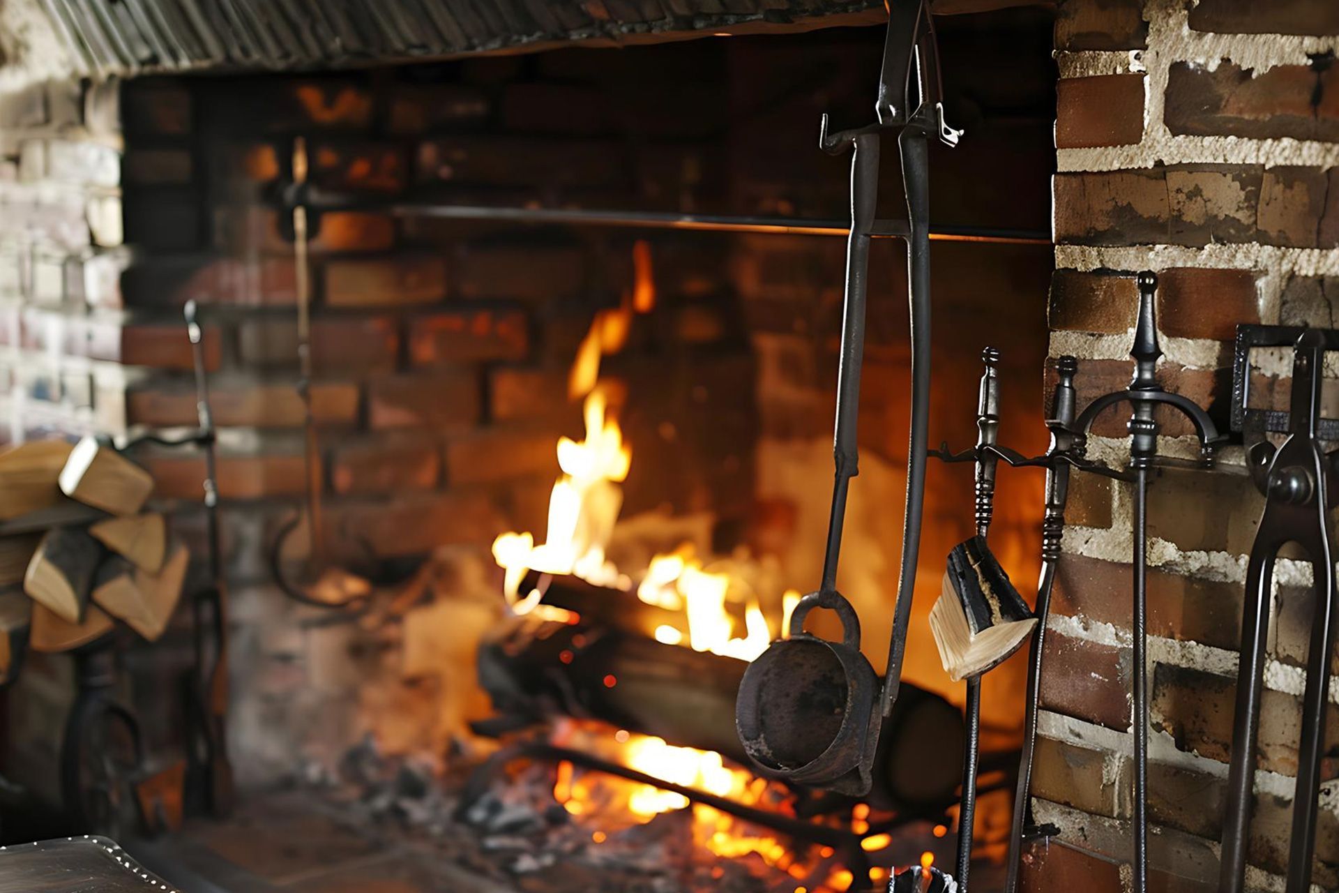 Fireplace set with poker, tongs, shovel, and brush beside a wood-burning fireplace in a Kentucky hom
