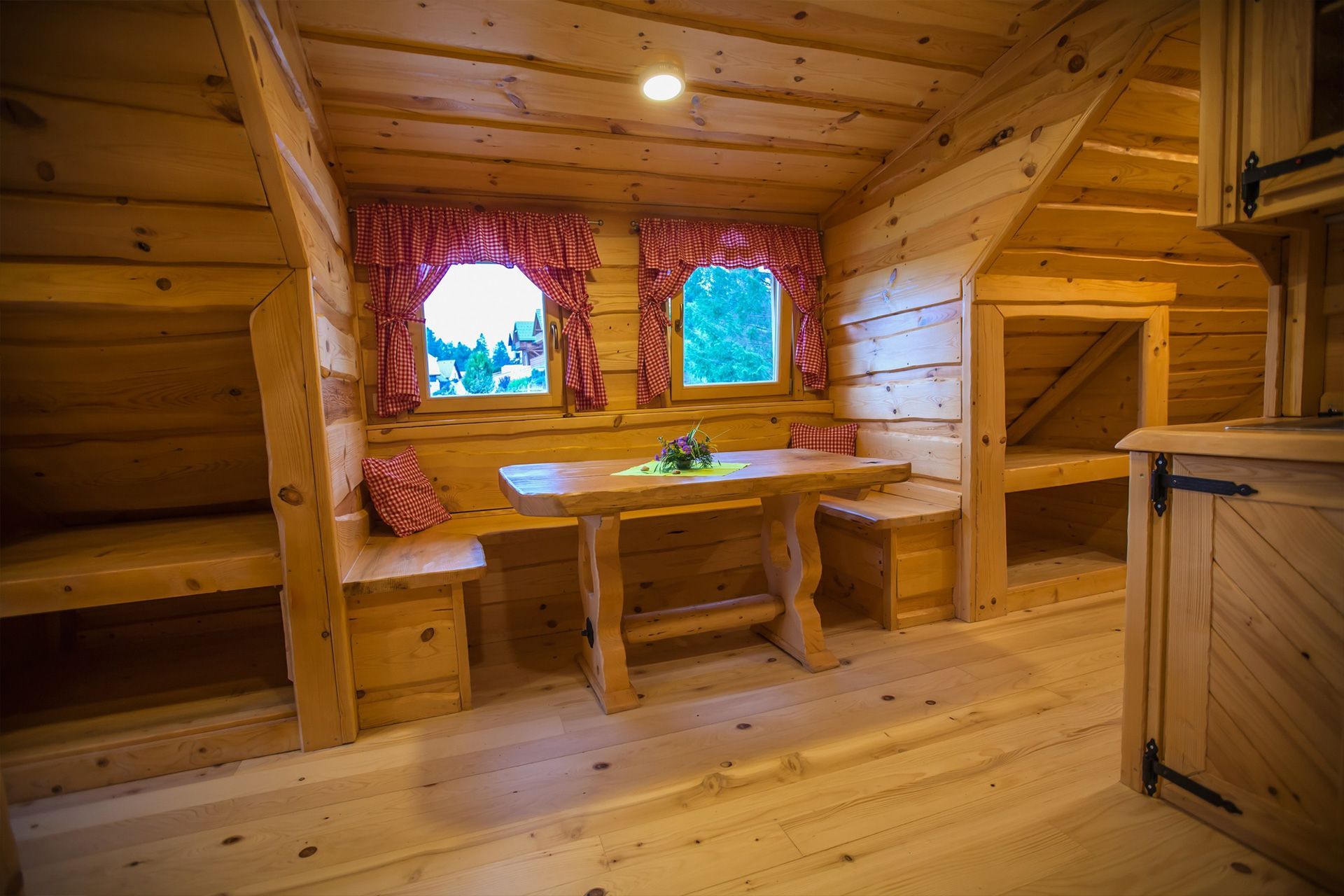 inspecting exterior log cabin walls