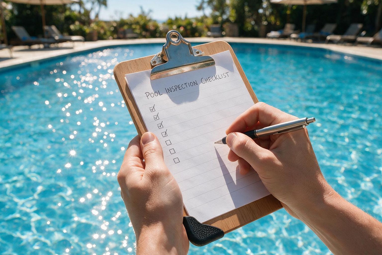 Professional inspecting pool equipment and safety features