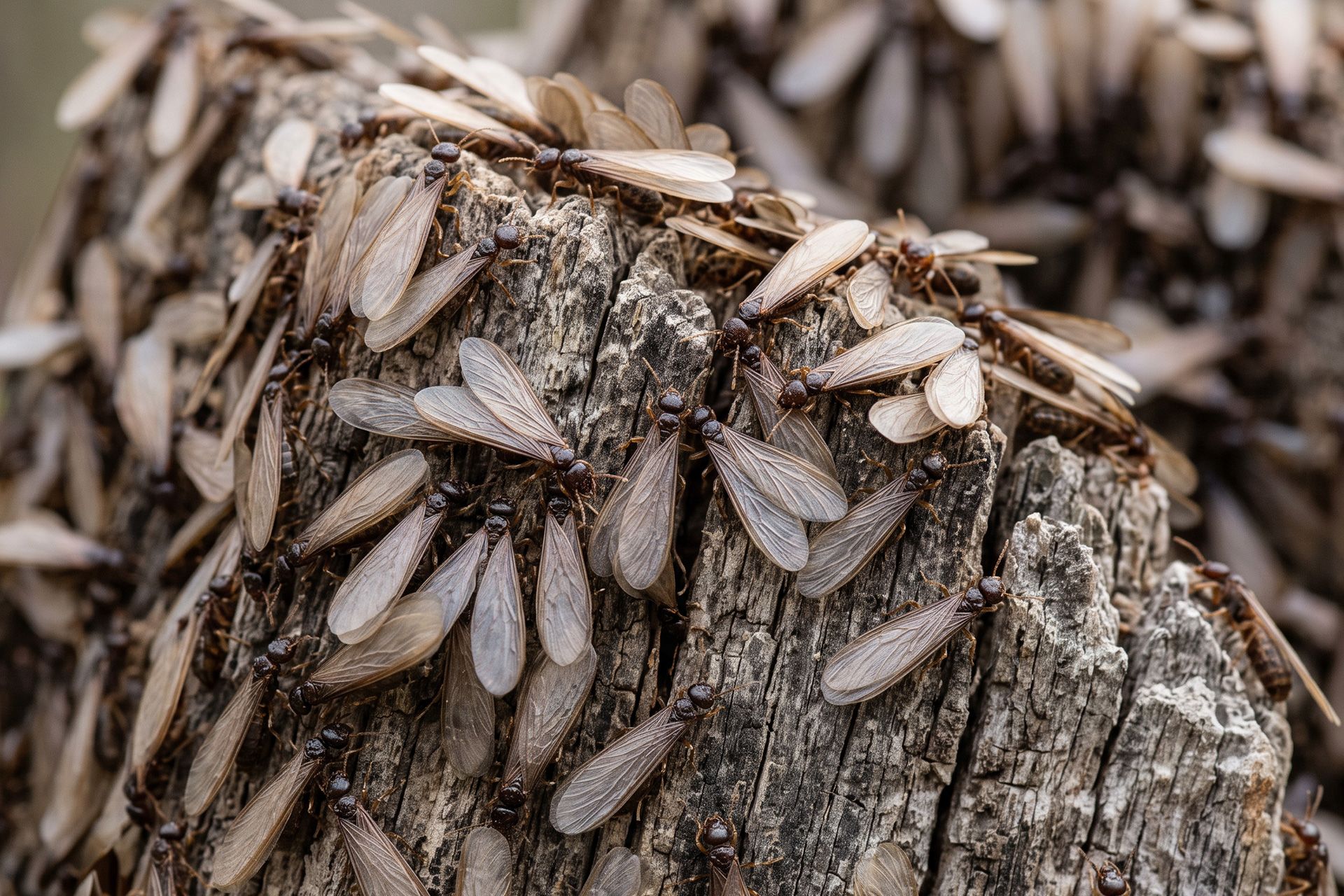 Termite swarmers with wings around a Kentucky home window showing possible signs of termite activity