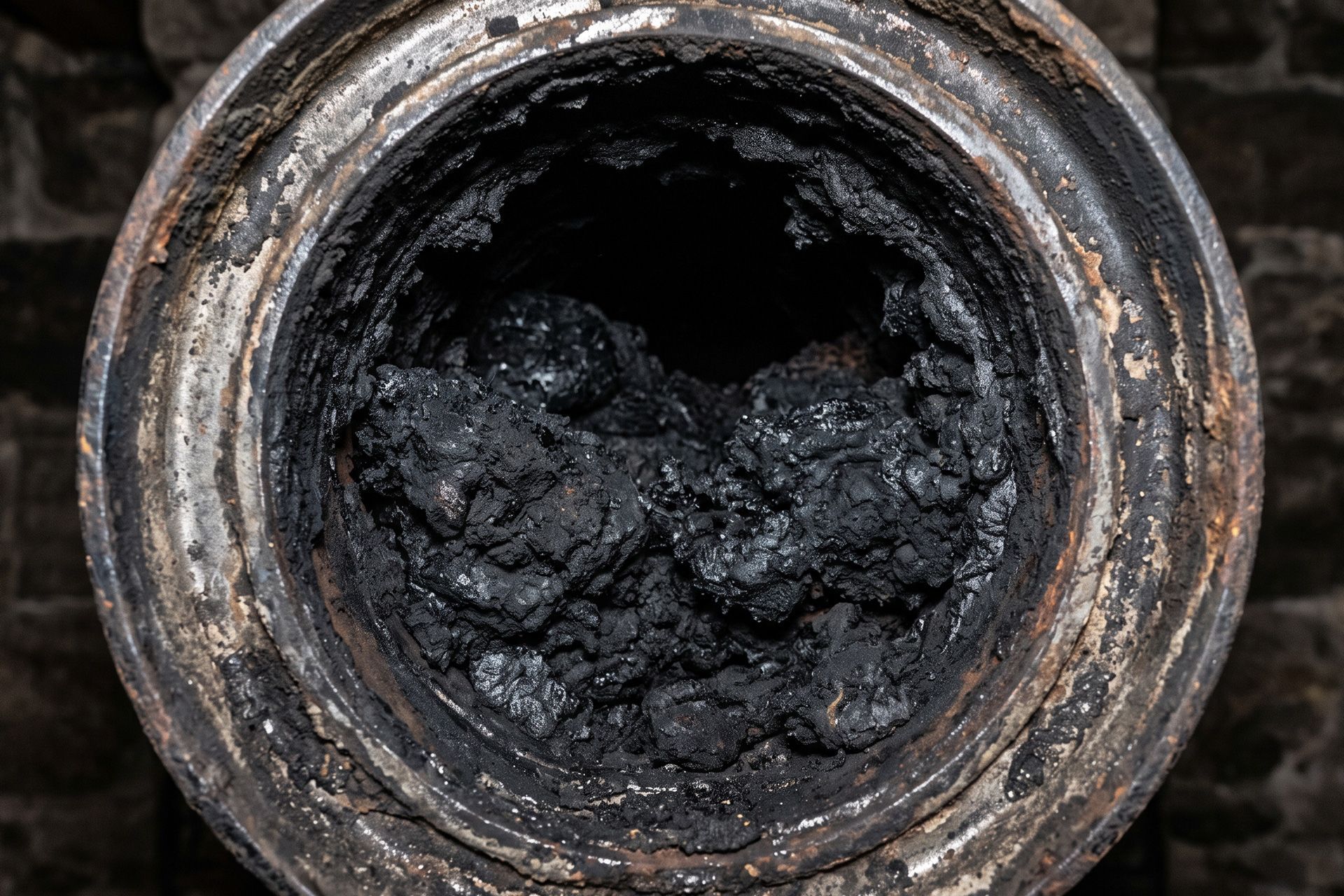 Black chimney soot inside a Kentucky fireplace flue showing deposits from wood smoke and combustion.