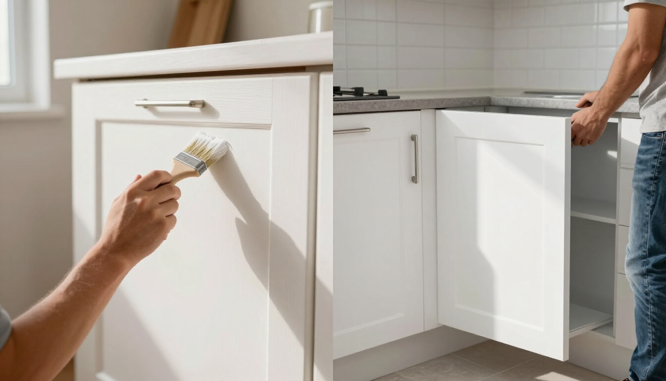 Hand cleaning a white kitchen cabinet with a cloth while another cabinet door is open