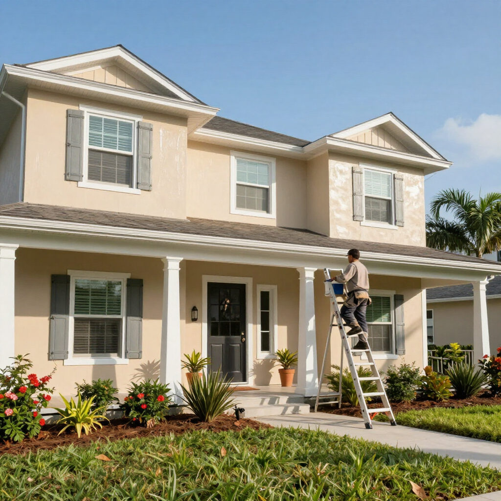 Worker on ladder painting the front of a beige two-story house with a porch and landscaped yard