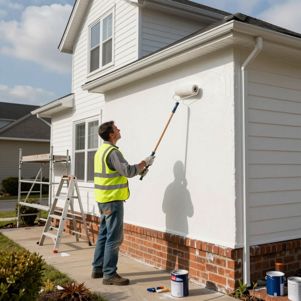 Painter in a safety vest rolling white paint on a house exterior beside a ladder and paint cans.