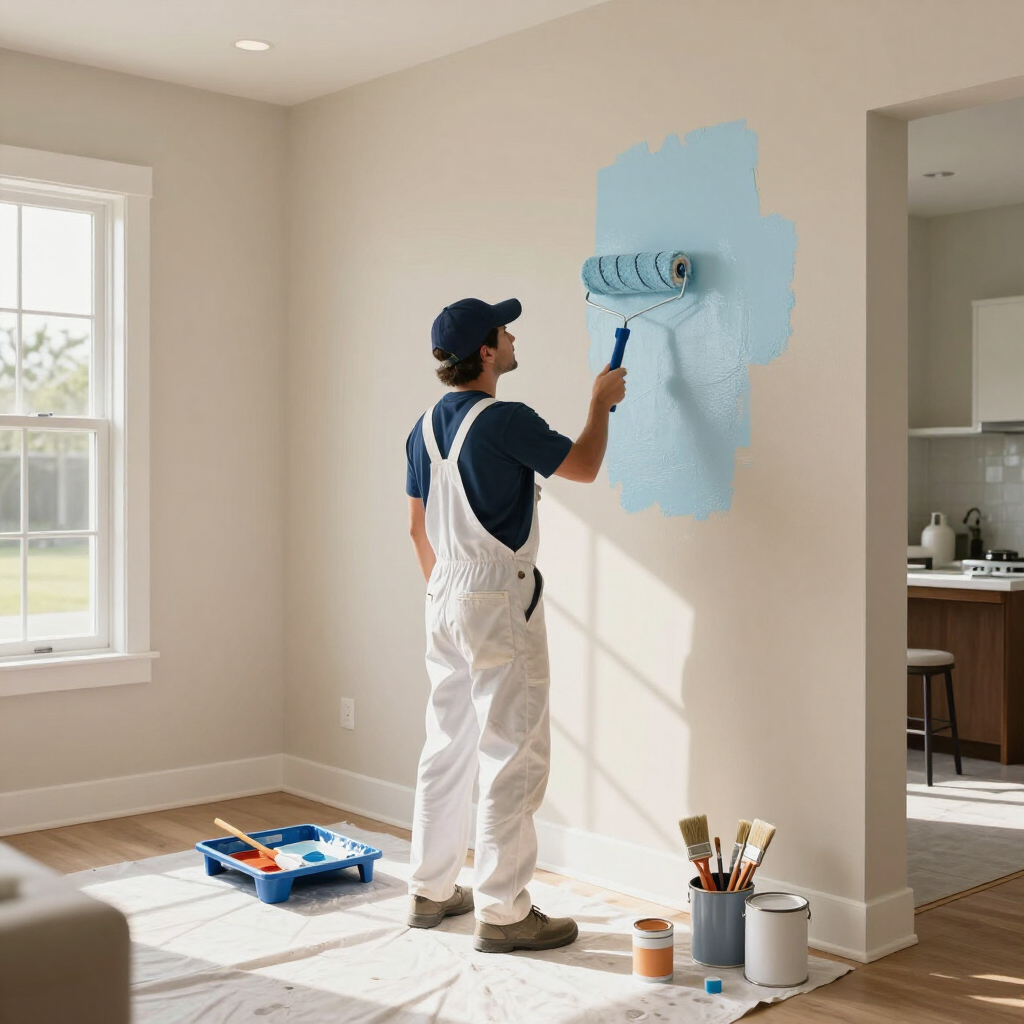 Painter in white overalls rolls light blue paint on a beige wall in a sunlit room.