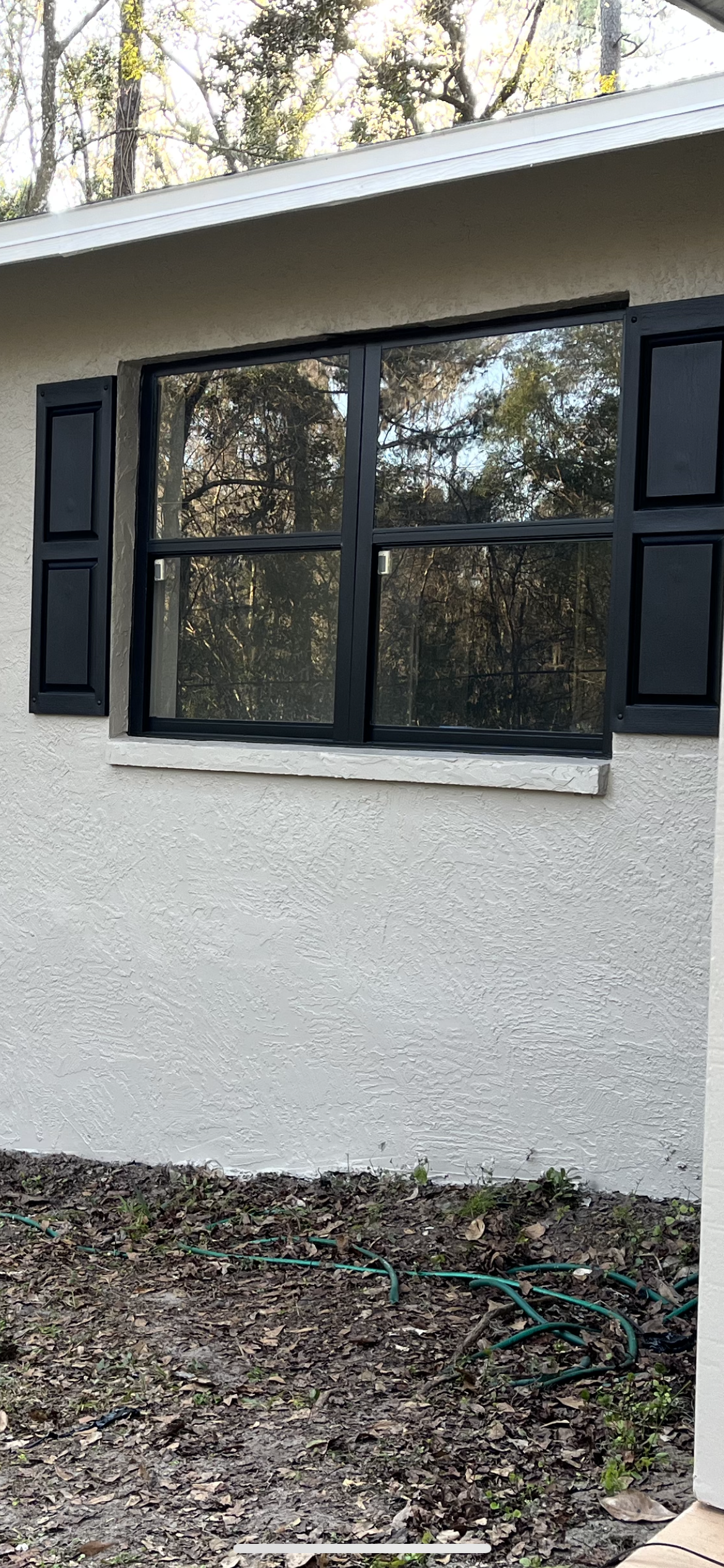 Window with black frame and shutters on a light stucco building, surrounded by foliage.