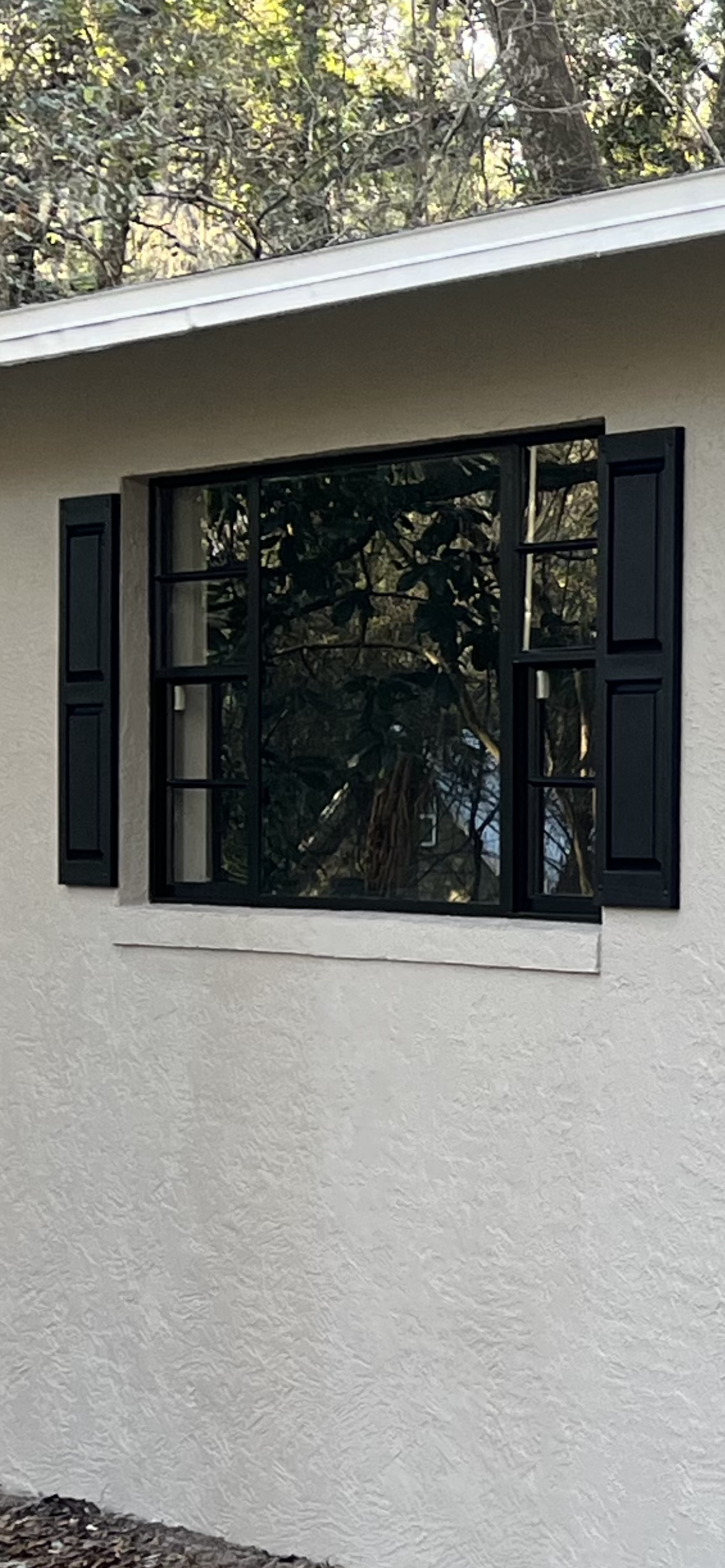 Window with black frame, shutters, on stucco wall, reflected trees.