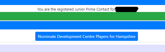 A blue and green banner with a button that says nominate development centre players for hampshire