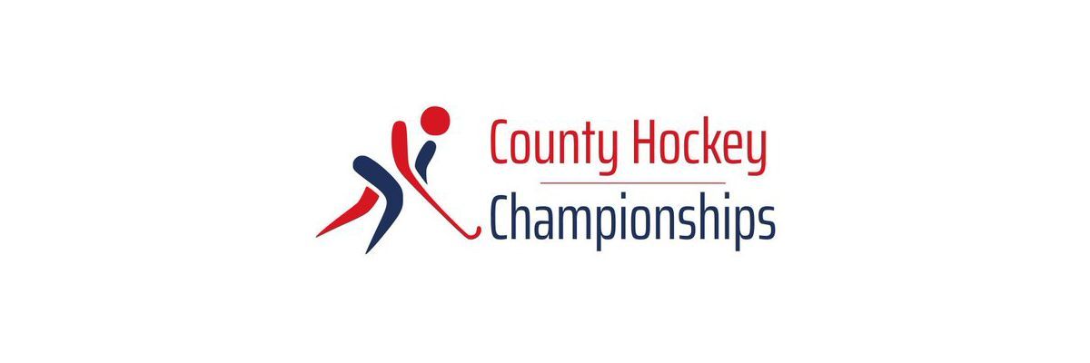 The logo for the county hockey championships is red , white and blue