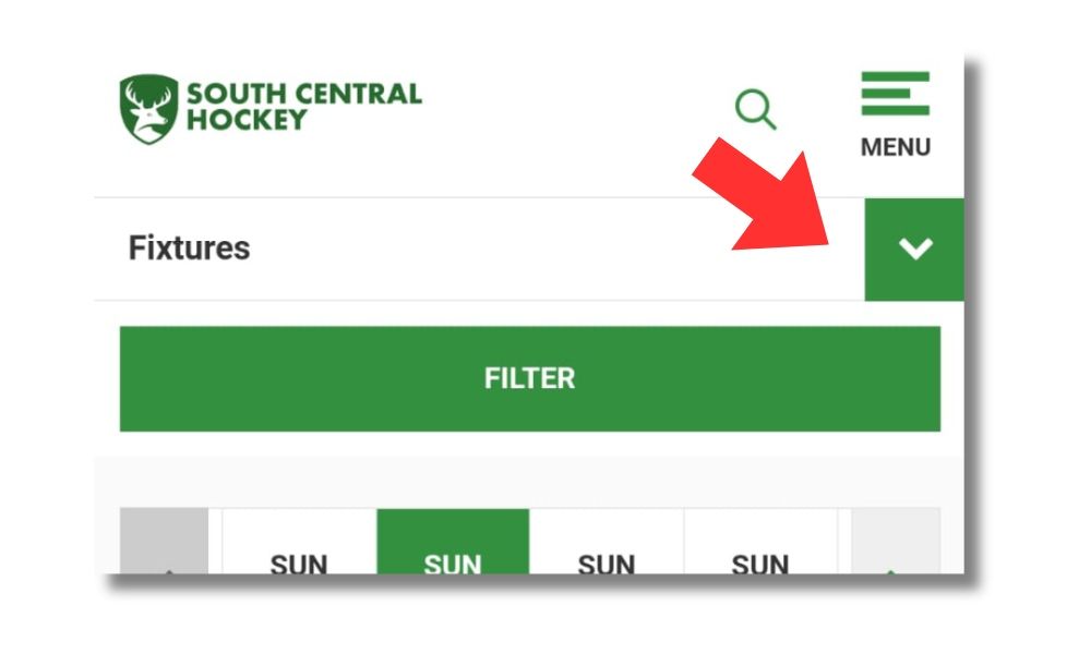 A screenshot of the south central hockey website showing the filter button.