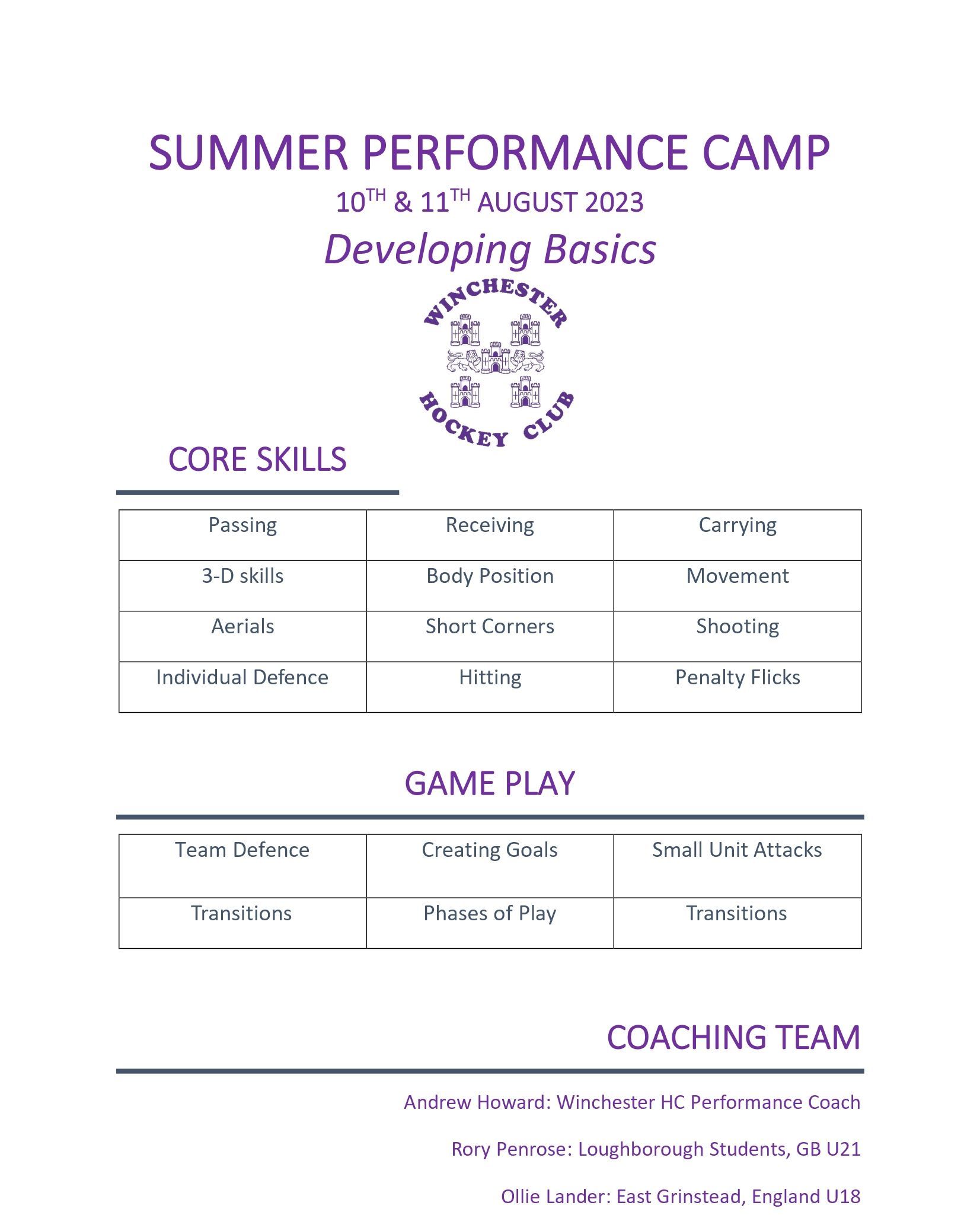 A white sheet of paper with the words summer performance camp developing basics on it.