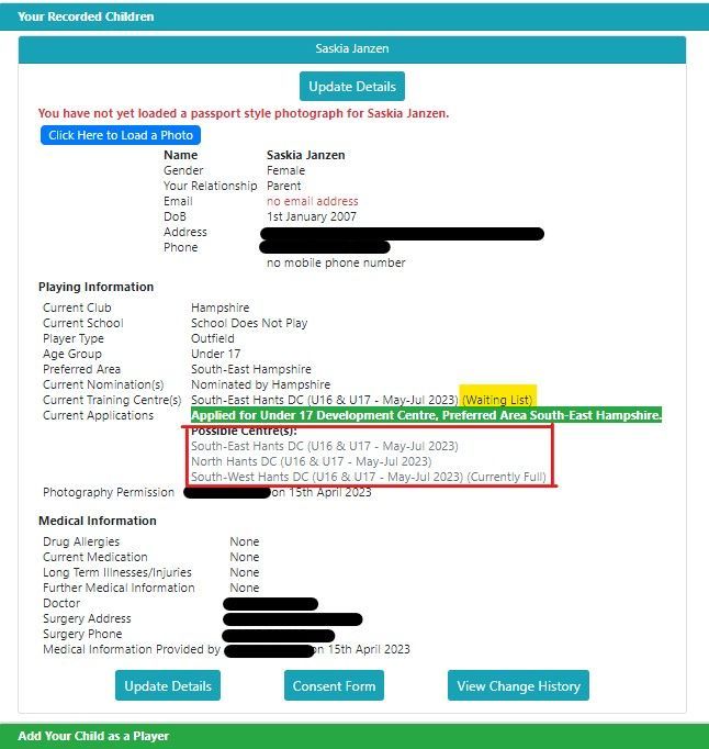 A screenshot of a child 's medical information page