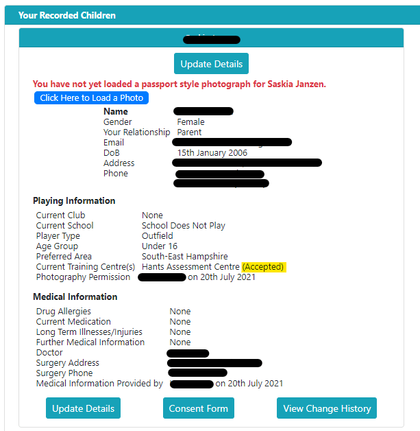 A screen shot of a child 's medical information